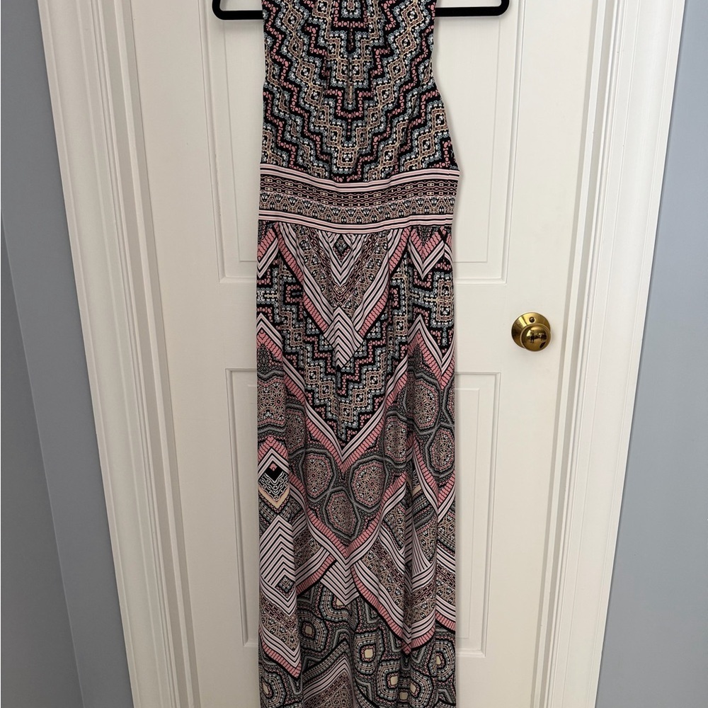 London Times Black and Pink Geometric Maxi Dress